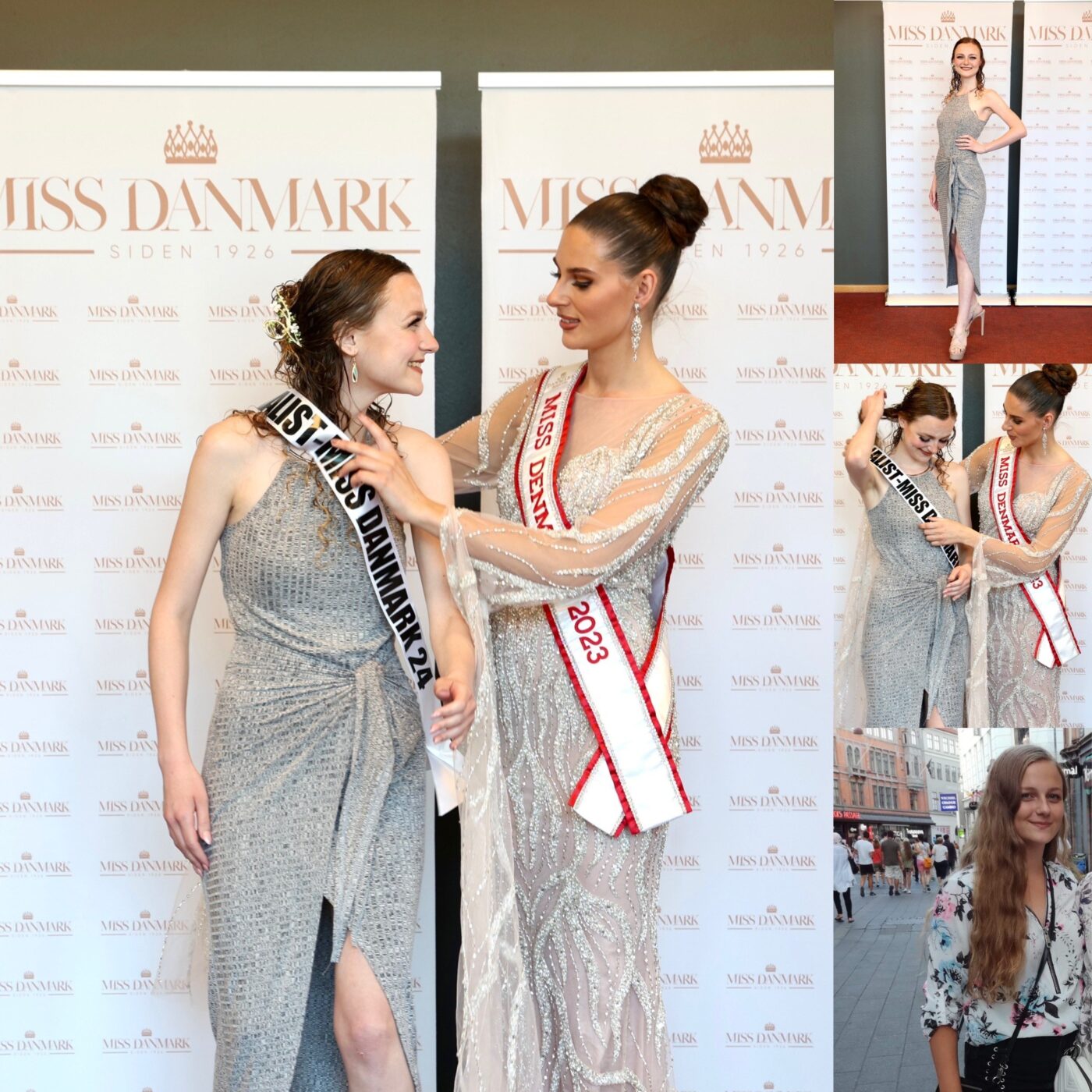 Participant has Miss Danmark sash placed over her shoulder in front of the press wall